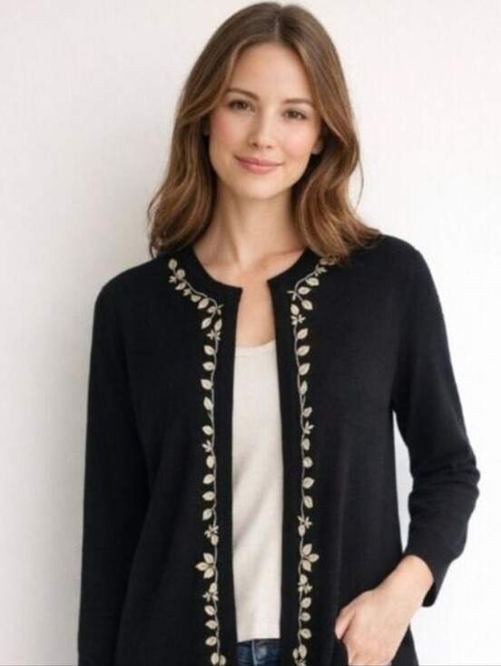 Designers Originals Sweaters - Designers Originals Black Cardigan Sweater w/Gold Leaf Embroidery Size Large NWT